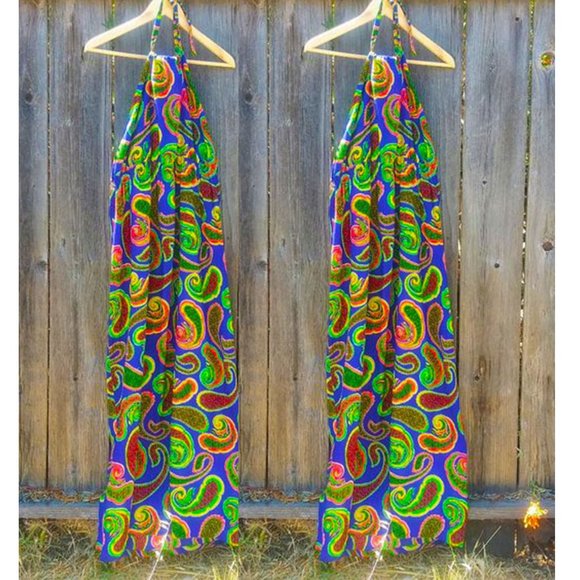 Vintage Dresses & Skirts - 🌈 VTG 70s Psychedelic Halter Maxi Dress 🌈